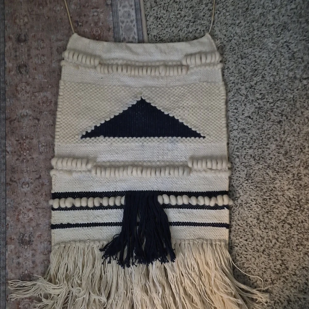 Vintage Handcrafted Cotton wool Handwoven Blue Ivory Tassel Boho wall hanging